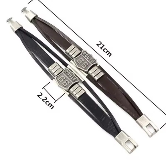 Men’s Black Genuine Leather American Route 66 Wrap Bracelet Cuff Wristband